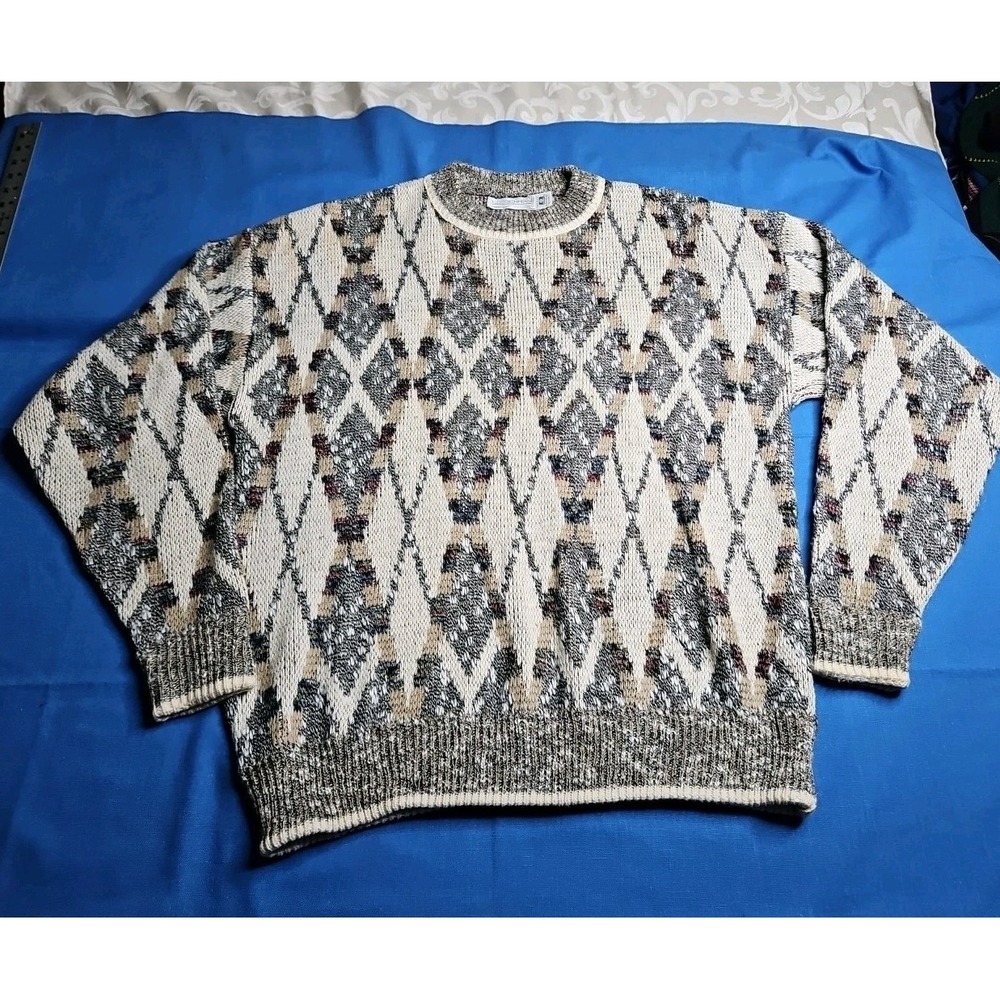 Vintage 90s‎ Cosby Sweater Abstract Argyle JJ Cochran Preppy Cable Knit Large